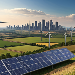 **

"A power plant generating electricity, with transmission lines stretching across a landscape towards a city skyline. Show various renewable energy sources like solar panels and wind turbines integrated into the landscape. Focus on illustrating the journey of electricity from generation to a distant urban center."

**