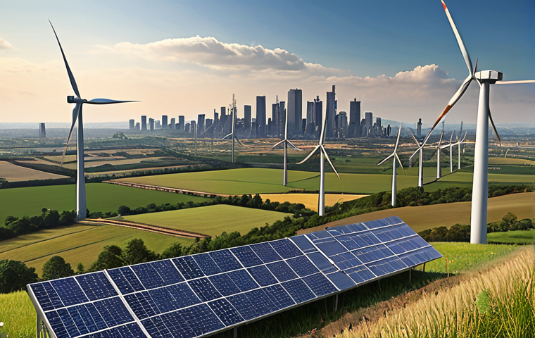 **
"A power plant generating electricity, with transmission lines stretching across a landscape towards a city skyline. Show various renewable energy sources like solar panels and wind turbines integrated into the landscape. Focus on illustrating the journey of electricity from generation to a distant urban center."
**