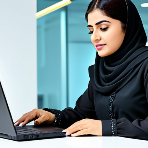 Home 17 **
A professional Pakistani woman in a modest shalwar kameez, working on a laptop at a brightly lit desk, modern office background, fully clothed, appropriate attire, safe for work, perfect anatomy, natural pose, professional photography, high quality.
**
