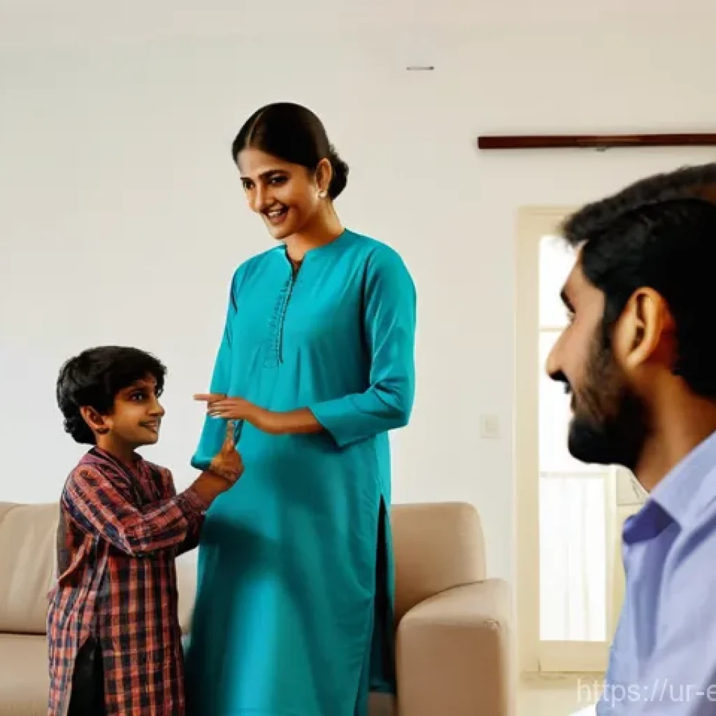 전기기기 보호 및 안전 - **"A serene and well-lit living room in a modern Pakistani home. A family, consisting of a mother (m...