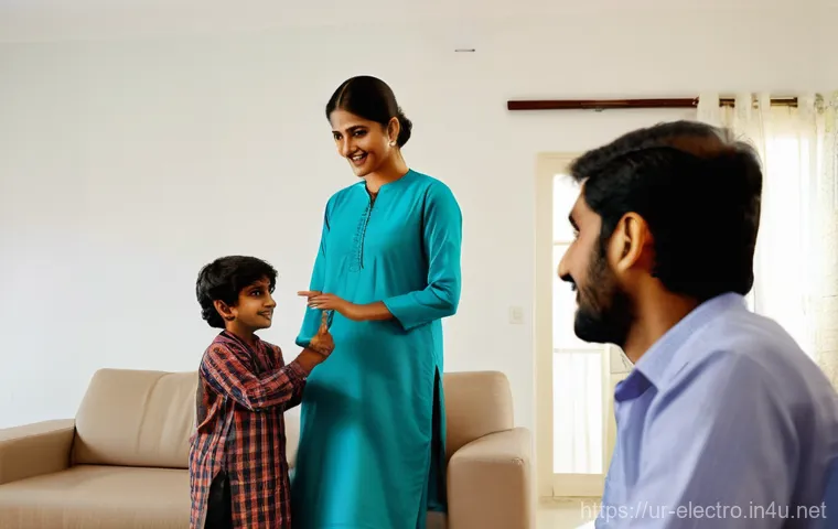 전기기기 보호 및 안전 - **"A serene and well-lit living room in a modern Pakistani home. A family, consisting of a mother (m...