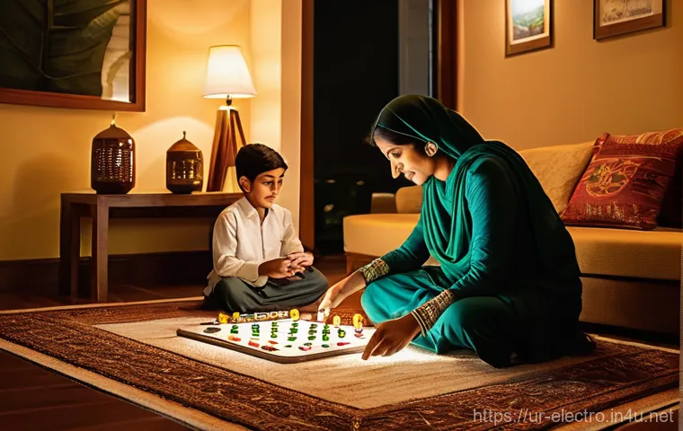 재생 가능 에너지 시스템 - **Prompt:** A warm and inviting scene inside a comfortable, moderately decorated Pakistani living ro...
