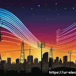 디지털 전자기학 - A detailed scientific illustration of electromagnetic waves spectrum focusing on radio waves and mic...