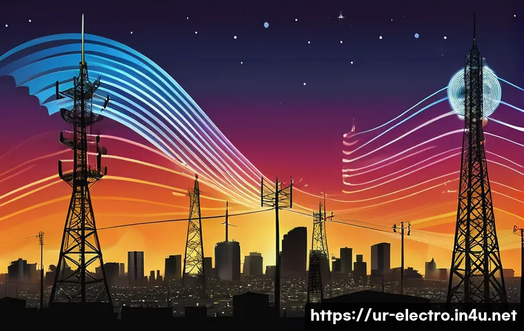 디지털 전자기학 - A detailed scientific illustration of electromagnetic waves spectrum focusing on radio waves and mic...