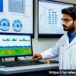 제어 이론 실험 - A detailed laboratory scene showcasing an engineer of South Asian descent working on a control syste...