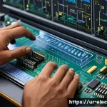 디지털 회로의 전력 분석 - A detailed digital circuit design workspace showing an engineer’s hands working on a schematic with ...