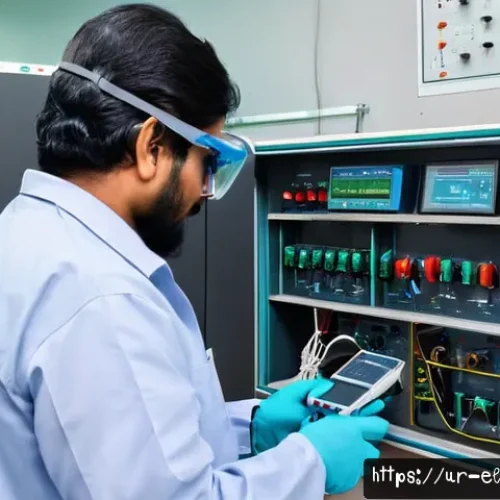 전기기기 성능 시험 - A detailed scene inside a modern electrical testing laboratory in Pakistan, showcasing a skilled tec...
