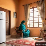 Home 22 에너지 절약 기법 - A cozy Pakistani home interior during daytime showcasing energy-efficient appliances in use: an inve...