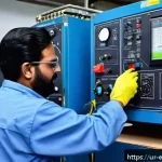 Home 21 전기기기 진동 분석 - A highly detailed industrial workshop scene in Pakistan showing a skilled Urdu-speaking technician p...