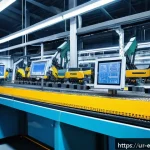 Home 19 디지털 제어 시스템 - A modern industrial factory interior showcasing advanced digital control systems in action: robotic ...