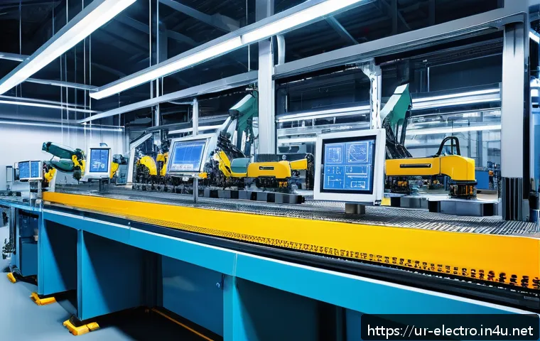 디지털 제어 시스템 - A modern industrial factory interior showcasing advanced digital control systems in action: robotic ...