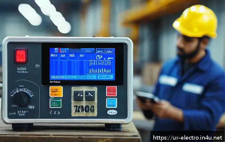저항 측정 장비 - A high-tech digital resistance meter placed on an industrial workbench, featuring a clear, bright di...