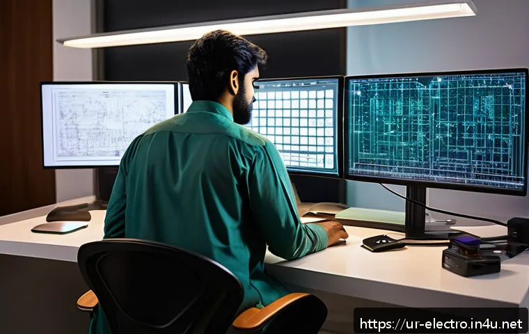 FPGA 설계 - A highly detailed, futuristic FPGA design workspace featuring a South Asian engineer in traditional ...