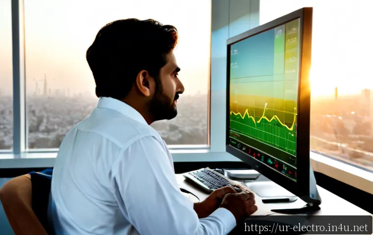 전력 시장 분석 - Photorealistic Pakistani energy market analyst in modest professional attire reviewing electricity s...
